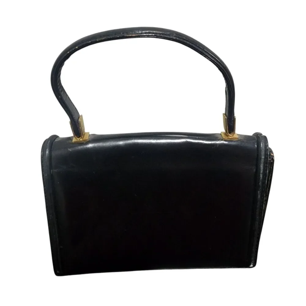 Vintage Tano Black Leather Top Handle Handbag Gold Hardware Made in Spain‎